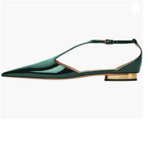 XYD Green Pointed Toe Sleek Low Heel Chunky Slender T-Strap with Buckle Shoes